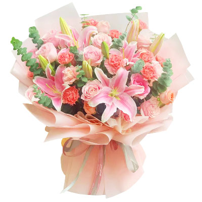 清远11朵粉色康乃馨玫瑰百合，充满爱和温馨